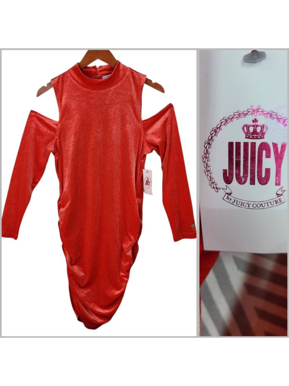 NEW Juicy Couture Dress Large Stretchy Bodycon Cold Shoulder Red Velour Sexy